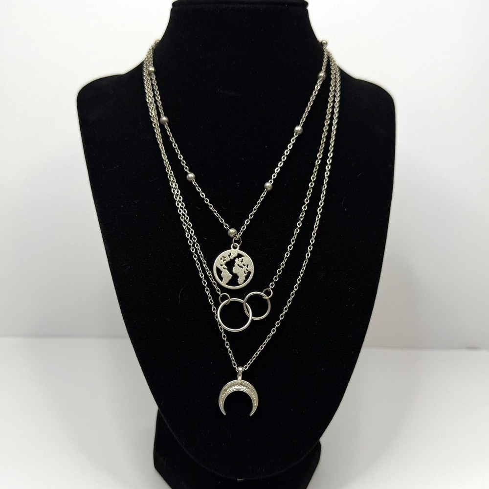 Layered Crescent Charm Pendants Necklace Silver Tone Globe Circle Jewelry 9.5 in